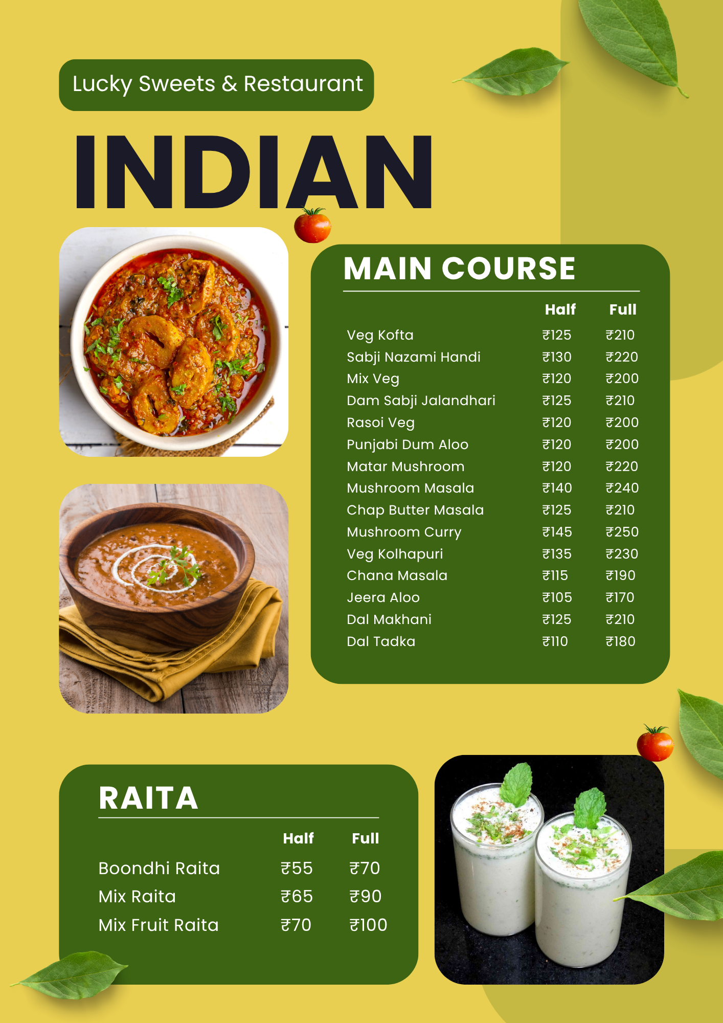 Lucky Sweets Main Course Menu